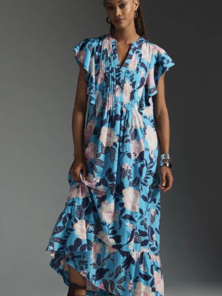 Maeve Anthropologie Women L Cassandra Maxi Dress Blue Pink Floral Flowy Bohemian